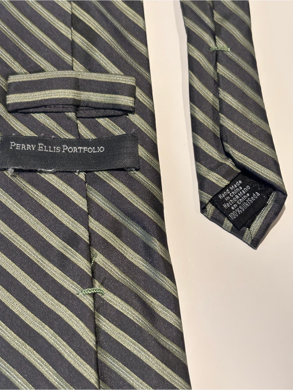 Perry Ellis Olive and Black Diagonal Stripe Silk Tie